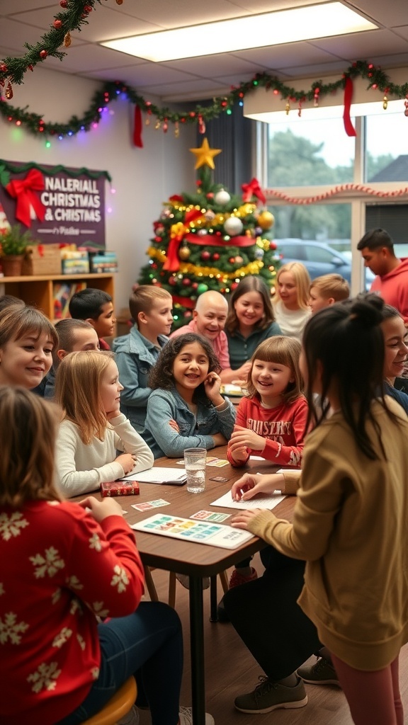 Students enjoying Christmas party games in a decorated school classroom.